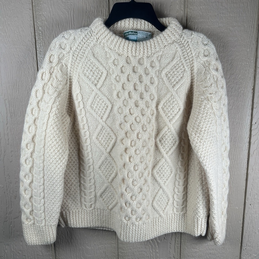 John Molloy Irish Aran Pure Virgin Wool Cable Knit Sweater Womens Sz Small Cream